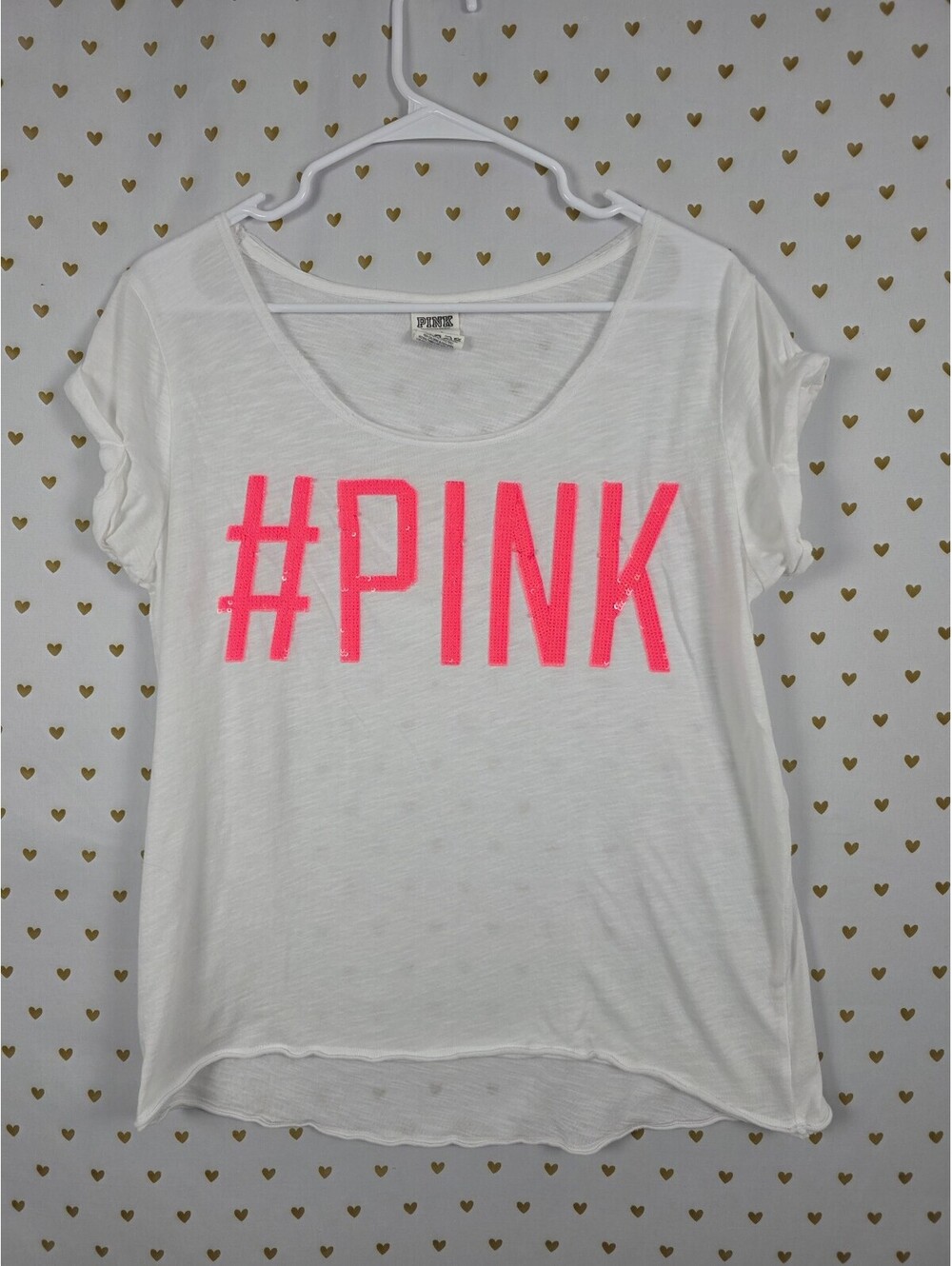 Victoria's Secret PINK Sequin #PINK Tee Large White Neon Pink BLING Logo Shirt